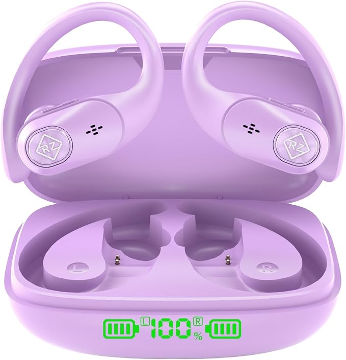 Wireless Earbuds Bluetooth Headphones 96H Playtime LED Display Waterproof Built in Mic Deep Bass Sound Secure Over Ear buds Earhooks for iPhone Android Samsung Cell Phones Sport Workout Gaming Running