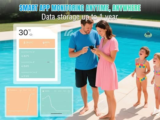 Raddy PT-5 Wi-Fi Pool Thermometer, Wireless Smart Floating Sensor with Indoor Console, APP Remote Monitoring, IPX8 Waterproof, Solar & USB-C Rechargeable, for Hot Tub Spa Swimming Pool Tank Aquarium