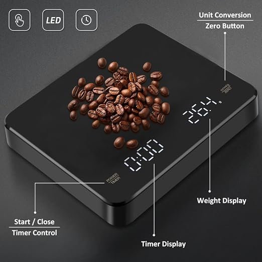 OBEST Mini Coffee Scale with Timer, Portable Kitchen Food Scale with Invisible Screen Rechargeable Digital Coffee Scale Espresso Scale with Timer 3kg/0.1g Precision Scale Classic Black