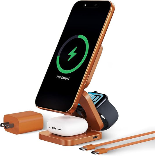 KU XIU 25W 3-in-1 Charging Station for Apple Device, Foldable Magnetic Charger for iPhone 17/16, 5W for Apple Watch & AirPods, Fast Travel Wireless Charging Stand with 45W Adapter