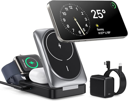 3-in-1 Wireless Charger Charging Station for iPhone, 15W Fast Charging Foldable Magnetic Charger Stand with 30W USB C Adapter for MagSafe iPhone 16/15/14/13, Apple Watch, AirPods Black