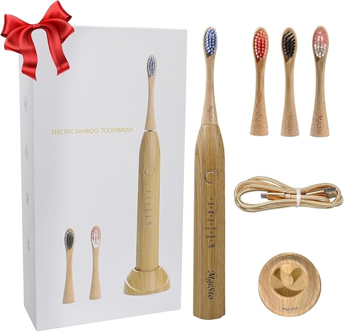 Electric Bamboo Toothbrush Sonic Toothbrush - 4 Replaceable Bamboo Brush Heads Eco-Friendly IPX7 Waterproof Electric Toothbrush, One-Button Switch Five-Mode Brushing