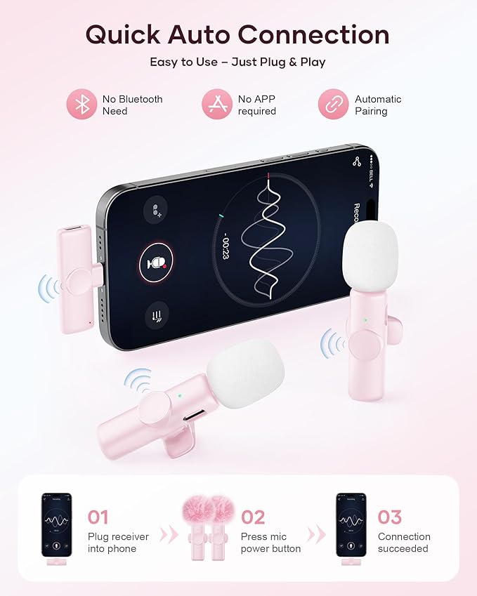 Wireless Microphone for iPhone iPad and Android Phone, 2 Pack Wireless Lavalier Lapel Mic with Noise Reduction, Plug and Play Mini Microphone for Video Recording Interview YouTube TikTok Vlog (Pink)