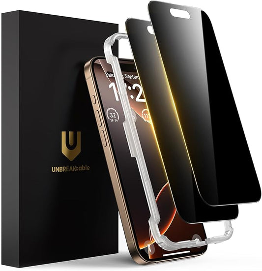 UNBREAKcable Privacy Screen Protector for iPhone 16 Pro, Anti-Spy Shatterproof Tempered Glass [True 28°Anti Spy] [9H Hardness] [Easy Installation Frame] Black Protector for iPhone 6.3" - 2 Pack