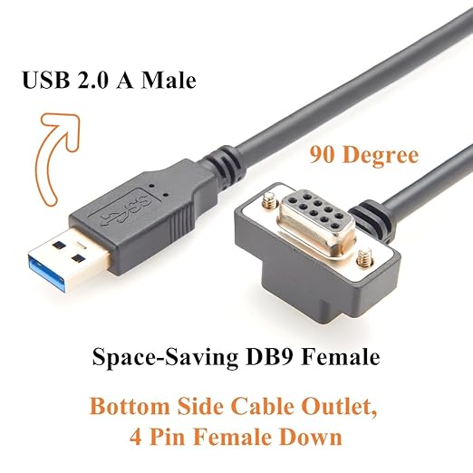 90 Degree Low Profile Slim DB9 RS232 Serial Cable with FTDI FT232RNL USB 2.0 to D-Sub 9Pin Female COM Port Converter Cable for PLC, POS Terminals, CNC, Modems (4Pin Down, 1M/3.28FT)