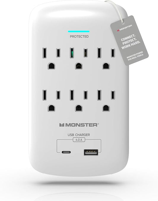 Monster 6 Outlet Wall Plug Surge Protector w/ 1,200 Joules Rating — Safe, Reliable Outlet Extender w/ 1 USB-A, 1 USB-C Charging Ports — Fireproof MOV, ETL Listed, Dual Mode Wall Tap (White)