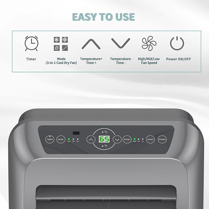 Shinco 10,000 BTU Grey Portable Air Conditioner - 3-in-1 Cool/Dehumidifier/Fan for Rooms Up to 400 sq.ft, Remote Control & 24H Timer, Compact AC Unit for Bedroom/Office