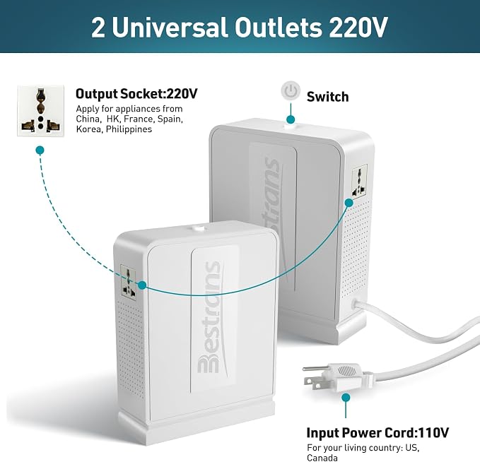 1000W Step Up Transformer 110v to 220v Converter, Heavy Duty Voltage Converter 110v-120v to 220v-240v with Dual Outlets, Overload Protection & Ultra-Quiet for Home Appliances, Pearl White
