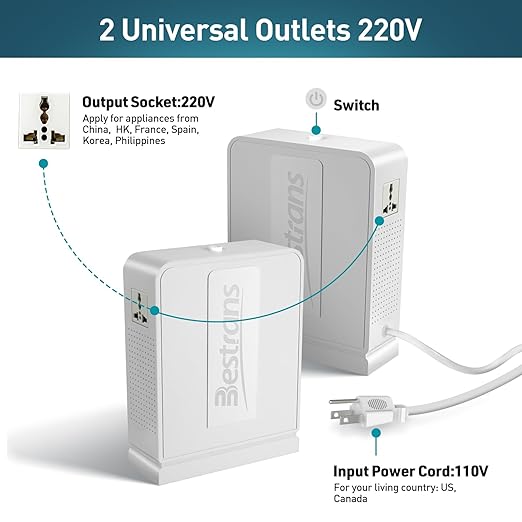 2000W Step Up Transformer 110v to 220v Converter, Heavy Duty Voltage Converter 110v-120v to 220v-240v with Dual Outlets, Overload Protection & Ultra-Quiet for Home Appliances, Pearl White