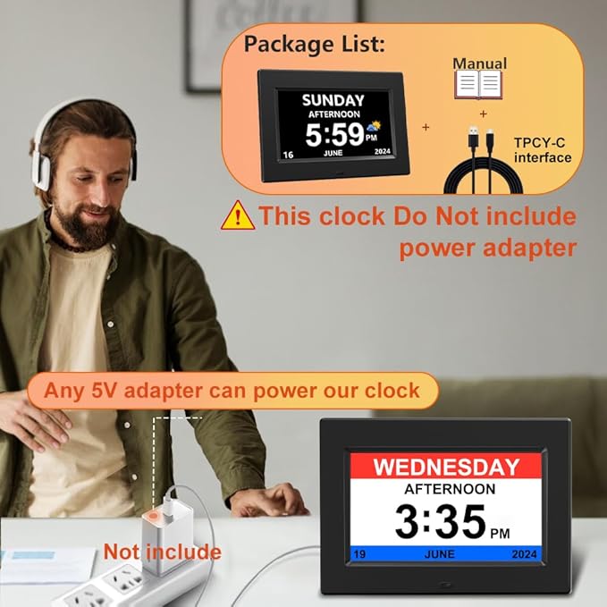 AINFTIME DST Digital Clock with Date and Day of Week for Elderly-12 Alarms Medication Reminder Dementia Alzheimers Clock Calendar with Extra Large Display (7 inch Black)