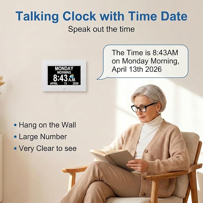 【Upgraded】27 Alarms Digital Talking Clock with Day and Date, Custom Reminders, 1280*800p HD Dsiplay, 10-Levels Dimmer, Auto DST, Sleep Trainer for Elderly Dementia, Voice-Talking with Remote