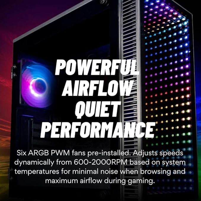 Continuum Micro 26L mATX Infinity Mirror Gaming PC Tower Case w/ 6 Pre-Installed ARGB PWM Fans, Dual Mode Control (Mobo + Remote), ATX PSU Ready, 347mm GPU Space with 500W PSU Included.