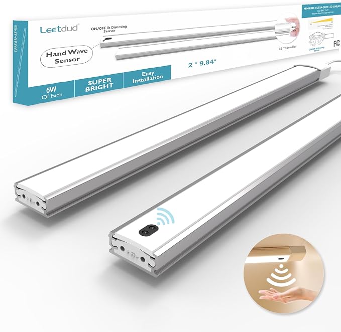 Leetdud Hand Wave Under Cabinet LED Lighting Plug in, 10 Inch 2 Pcs Dimmable Linkable Ultra Thin Aluminum Alloy Housing, 4000K Natural White Motion Sensor Counter Lights for Kitchen, Shelf, Cupboard