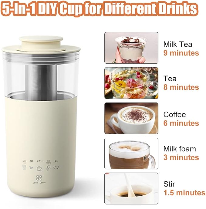 5-In-1 Portable Electric Kettle DIY Differen Drinks, 110V Milk Tea Machine Coffee Maker Auto Stir Milk Foam Maker 350ML Personal Travel Mug, 7Minutes Fast Boiling