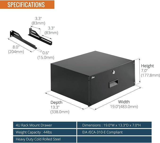 Tecmojo 4U Rack Drawer,Rack Mount Drawer for 19in Network Equipment/Server/AV Rack or Cabinet Enclosure,Sliding and Lockable Server Rack Drawer - Load-Bearing 44lb (20kg),with Cable Management Holes