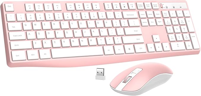 Wireless Keyboard and Mouse Combo, Lovaky 2.4G Full-Sized Ergonomic Keyboard Mouse, 3 DPI Adjustable Cordless USB Keyboard and Mouse, Quiet Click for Computer/Laptop/Windows/Mac (1 Pack, Pink)