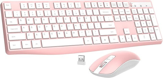 Wireless Keyboard and Mouse Combo, Lovaky 2.4G Full-Sized Ergonomic Keyboard Mouse, 3 DPI Adjustable Cordless USB Keyboard and Mouse, Quiet Click for Computer/Laptop/Windows/Mac (1 Pack, Pink)