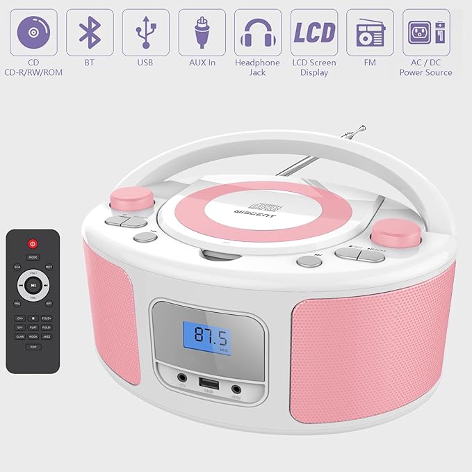 Portable CD Player Boombox with Bluetooth, FM Radio Stereo, Remote Control, USB Input and 3.5mm AUX Headphone Jack, Programmable CD Player, 4 watts of Audio, AC/Battery Powered