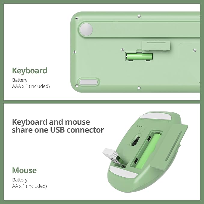 Wireless Typewriter Keyboard and Mouse Combo Retro 104 Key Full Size Office Set Green with Silent Round Keycaps,Ideal for Laptop and Desktop PCs, Cute Design Keyboard (Green White)