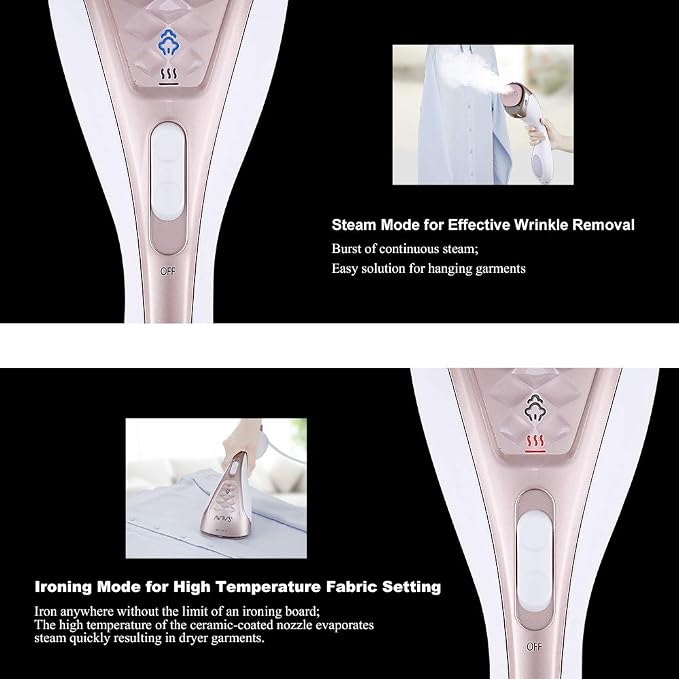 SALAV Steamer for clothes Handheld Iron 2 in 1, 2 Steam Settings, for Both Vertical and Horizontal Garment Handling, Ceramic Coated Metal Steam Panel, 150 ml Big Water Tank, 1150 Watt Rose Gold
