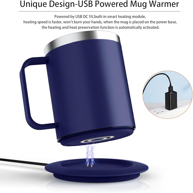 Self Heating Coffee Mug, USB Heated Coffee Mug Warmer Set with Lid, 131°F Keep Warm Cup for Home Office, (Royal Blue-12oz)