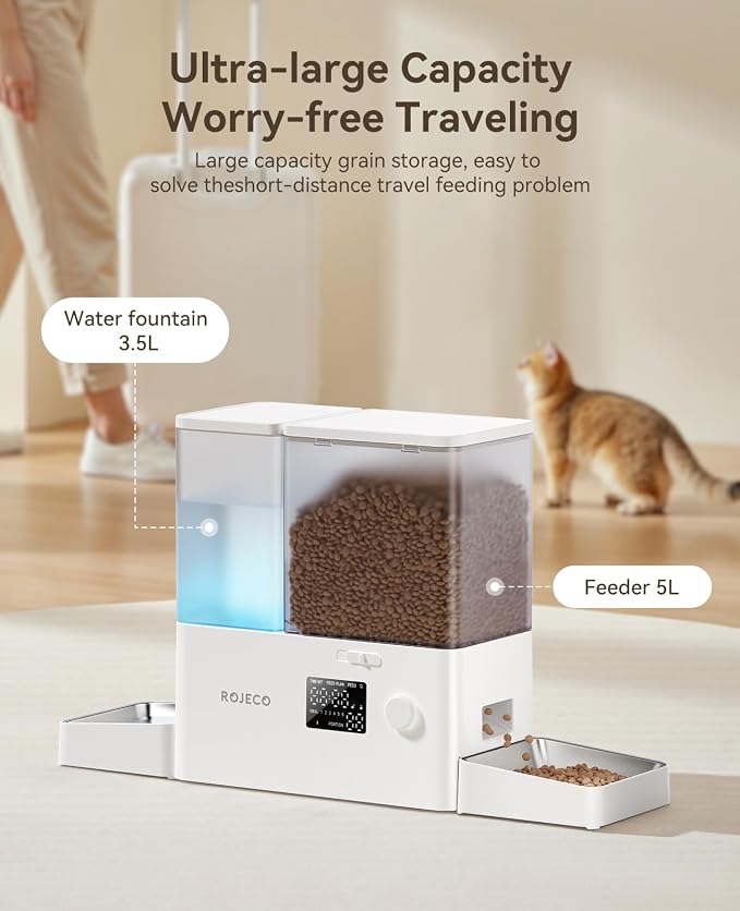 Rojeco 2in1 8.5L Automatic Pet Feeder and Water Dispenser and 3-in-1 Cat Steam Brush