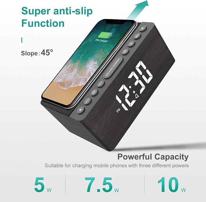 ANJANK Wooden Digital Alarm Clock FM Radio,10W Qi Certified Fast Wireless Charging Station for iPhone/Samsung Galaxy,5 Level Dimmer,USB Charger,9 Wake up Sounds, Bedroom, Bedside, Desk, Nightstand