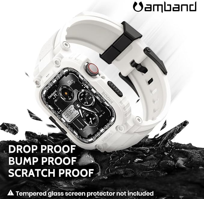 amBand Bands Compatible with Apple Watch 9/8/7 45mm, M1 Sport Series Rugged Case with TPU Strap Military Protective Tough Cover Bumper for iWatch SE3/SE2/SE/6/5/4 44mm Men White