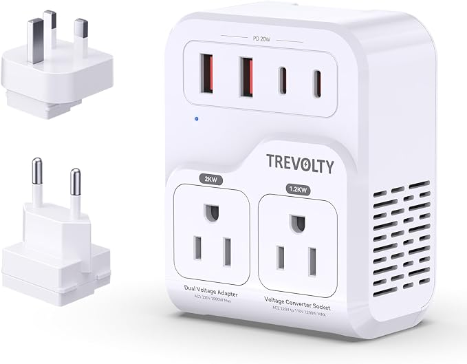 2000W Voltage Converter US to Europe for Hair Dryers, 7-in-1 220V to 110V Converter for European Travel with 3 AC/2 USBA/2 USBC Ports (PD20W), Universal Travel Adapter with Type C G Plug (White)