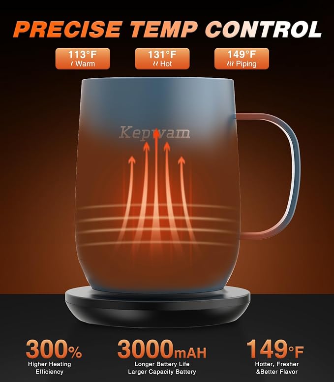 Kepwam Self Heating Coffee Mug T2, 16oz Smart Heated Coffee Mug, 150 Min Battery Life - Hot up to 149℉ Temperature Control Coffee Mug Warmer, Gifts for Dad Mom (No APP)