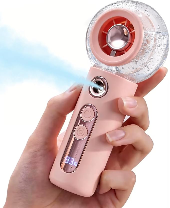 Tendiren Portable Handheld Misting Fan, Rechargeable Personal Mini Fan with Mist, 4 Speed Turbo Powerful Cooling Fans with Water Spray Tank for Travel, Home, Office, Outdoor, Camping, Beach (Pink)