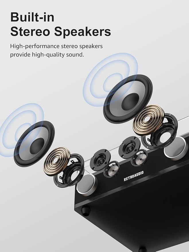 Vinyl Record Player with Built-in Speakers 3-Speed Support 33 1/3, 45, 78RPM Vintage Record Player Bluetooth Input Support RCA Output, Black