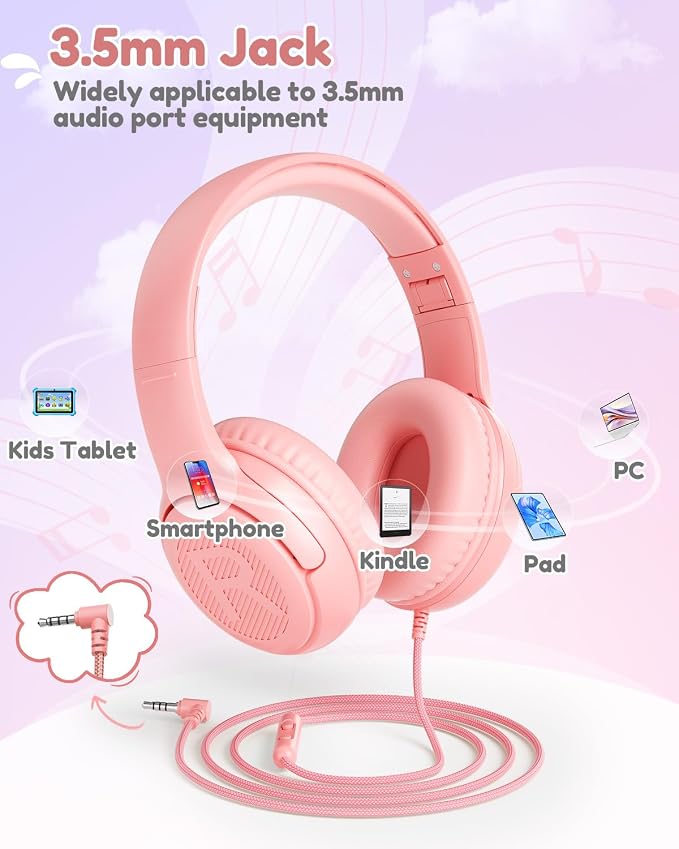 Kids Headphones with Microphone Foldable Stereo Tangle-Free 3.5mm Jack Wired Cord On-Ear Headset for Children/Teens/Boys/Girls/Smartphones/School/Kindle/Airplane Travel/Plane/Tablet (Pink)