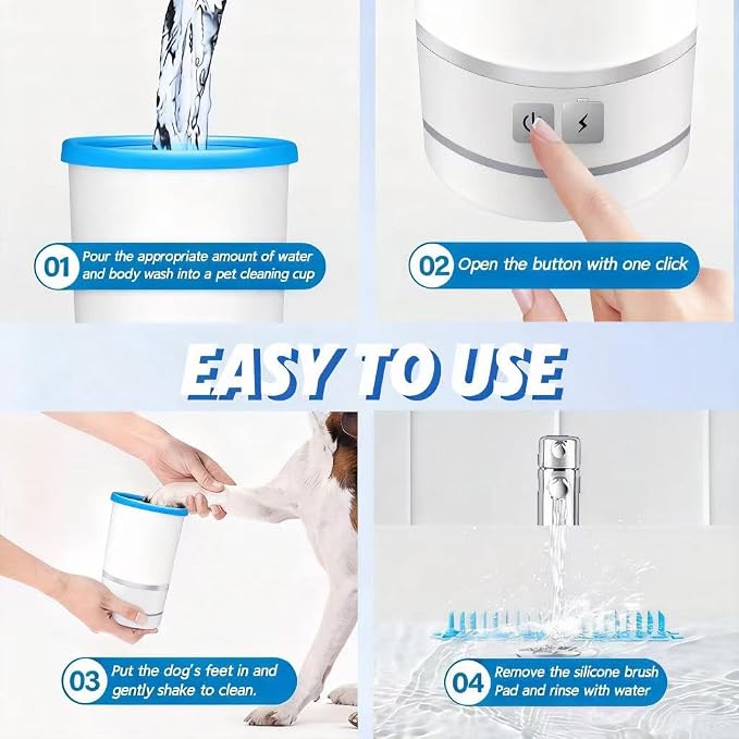 Rechargeable Automatic Dog Paw Cleaner, White - Portable Pet Paw Washer Cup with Soft Silicone Brush, 7.4V High Power, Suitable for Small to Medium Dog and Cat Grooming