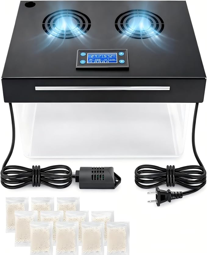 Electric Humidifier for Cabinet with Humidity Temperature Control, 110V Circulating Fan for 10-50 Cubic Ft Storage, 30-80% RH Adjustable