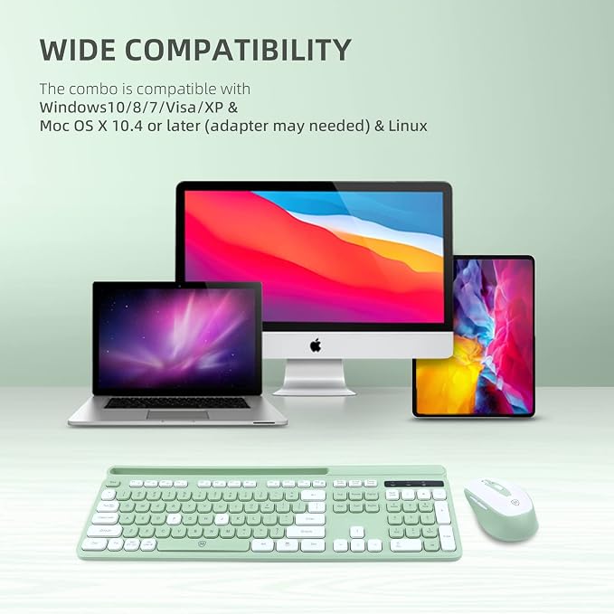 Green Wireless Keyboard and Mouse Combo, 2.4G Ergonomic Wireless Computer Keyboard with Phone Tablet Holder, Silent Mouse with 6 Buttons, Compatible with MacBook, Windows(KM-239W-GNWH)