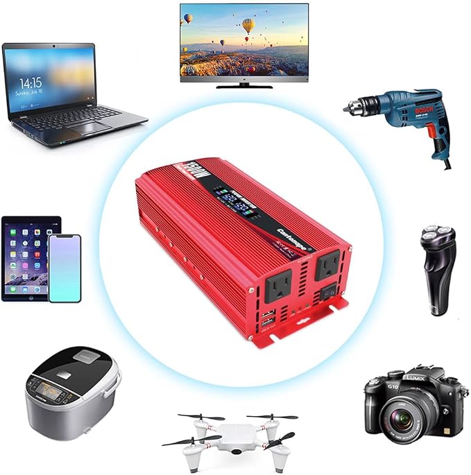 Cantonape 1500W Power Inverter 12V to 110V/120V Car Charger Converter with LCD Display, 3.1A Dual USB Ports 2 AC Outlets Car Adapter for RV, Truck, Solar, Off-Grid, Vehicle Red