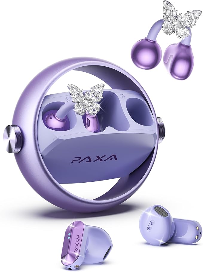 PAXA 3 in 1 Ctbuds Stylish Jewelry-Style Clip on Open Ear Headphones Wireless Earbuds, Instant Earring Mode, Ultra-Long 140H Play, Bluetooth 6.0, All-Day Wear for Work Fitness Daily Use, Purple