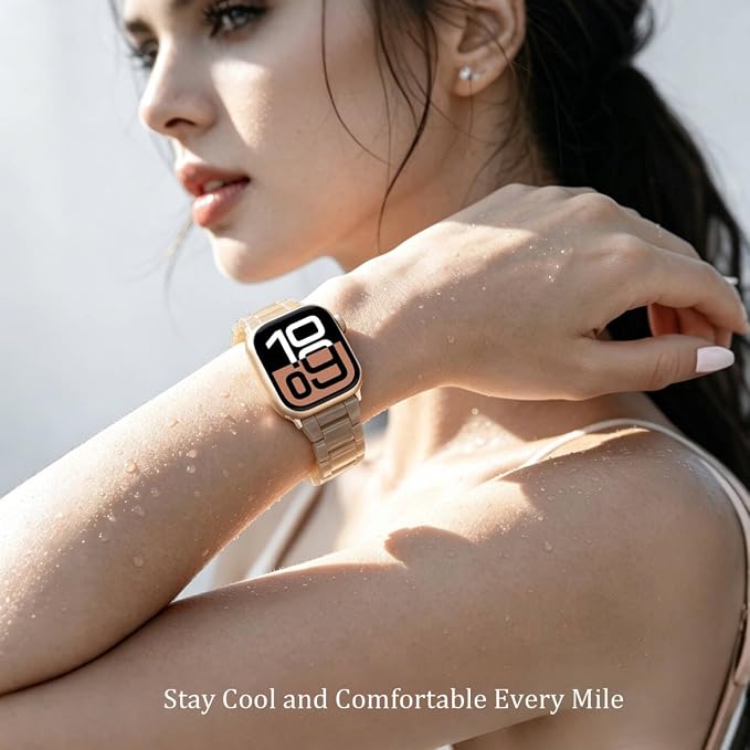V-MORO Resin Bands Compatible with Apple Watch Series 11/10/9/8/7 Band 45mm/44mm/42mm/46mm Fashion Rose Gold Metal Buckle Lightweight Strap Bracelet for iwatch Series SE/6/5/4/3/2/1 Women,Caramel