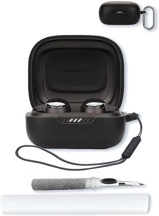 Case for JBL Live Pro 2 - True Wireless Noise Cancelling Earbuds,Soft Protective,Shockproof, BOVUGAC Silicone Case Cover with Keychain & Cleaning Kit & Lanyard-Black