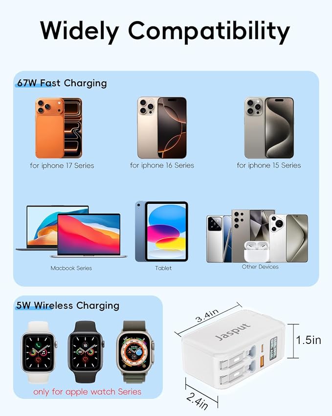 67W Retractable Phone Charger Wall Plug,5 in 1 Retractable Wall Charger for Apple Watch Only, Fast Charging Block with 67W USB C & 30W USB A Port for iPhone 17 16 15 14 13,Galaxy 25,MacBook,iWatch