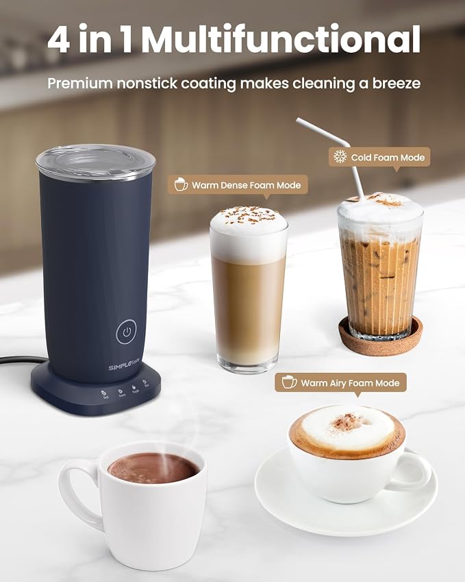 SIMPLETASTE Milk Frother, 4-in-1 Electric Milk Frother and Steamer, Automatic Warm and Cold Foam Maker and Milk Warmer for Latte, Cappuccinos, Dark Blue