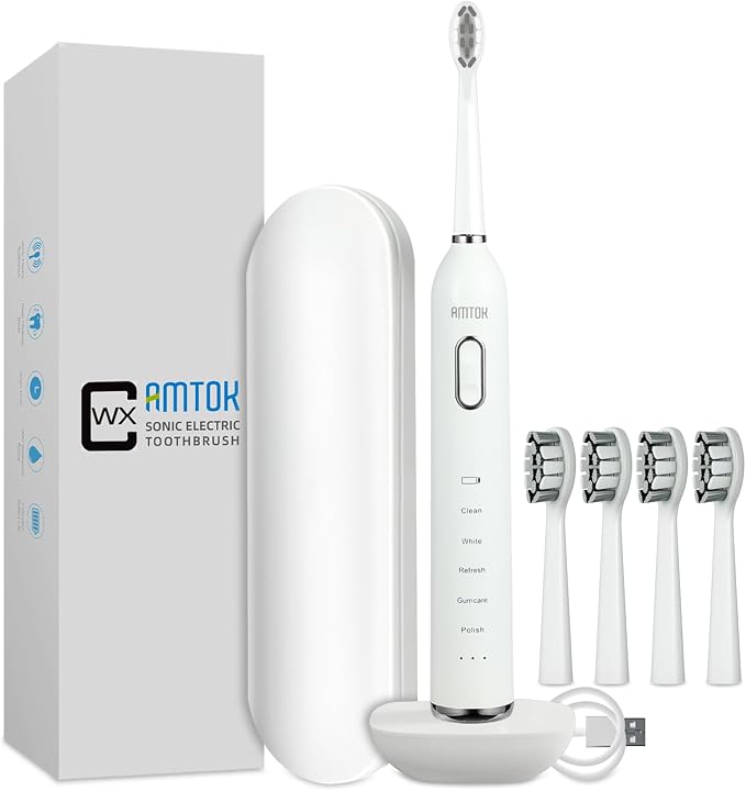 CWX Sonic Rechargeable Electric Toothbrush, Cordless with Fast Wireless Charging, 5 Cleaning Modes & 3 Intensity, 60-Day Battery Life, 4 Brush Heads, Travel Case, IPX7 Waterproof