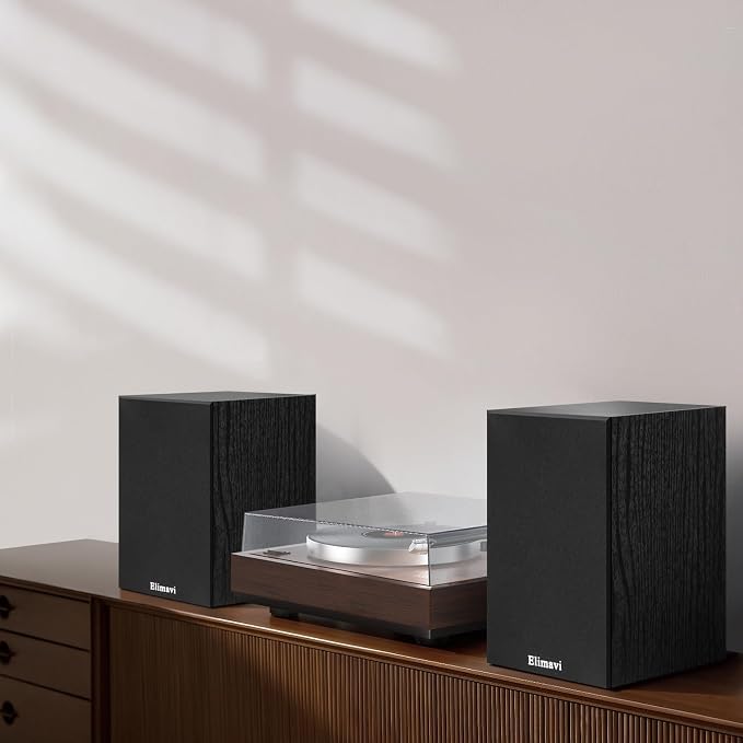Elimavi Powered Bluetooth 5.3 Bookshelf Speakers - 60W Record Player Speakers with 4" Carbon Fiber Woofer & USB-C/RCA Input, Wooden Monitor Speakers for Turntables, PC, TV, Gaming, Black