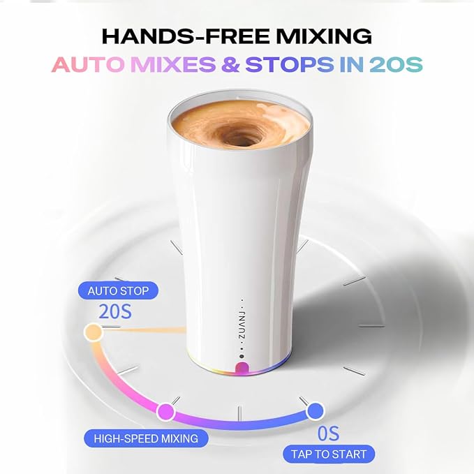 ZUANJ® Self-Stirring on the go Coffee Mug Travel Tumbler 13.5oz Automatic Magnetic Mixing LED Temperature Indicator IP67 Waterproof Keeps Hot 3Hrs & Cold 9Hrs USB-C Rechargeable Tea Protein Shakes