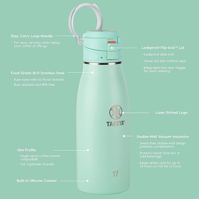 Takeya Traveler Stainless Steel Travel Coffee Mug with Flip-Lock Lid (17 oz, Dodgeball Grey) - Leakproof Insulated Mug for Coffee & Tea