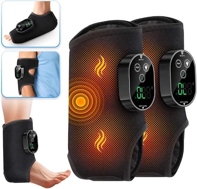 2-Pack Cordless Heated Foot Massager for Neuropathy – Rechargeable Foot & Ankle Wrap Heating Pad with 6 Heat Levels, 3 Vibration Modes, 3000mAh Battery (Black)