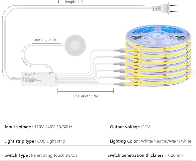 Cabinet Light COB LED Strip Lights 6-in-1 Dimmable Touch Control for Display Cabinets, Wardrobes, Kitchen, Wine Cabinets, Showcase & Shelf Lighting (Warm Light, 3.3ft)