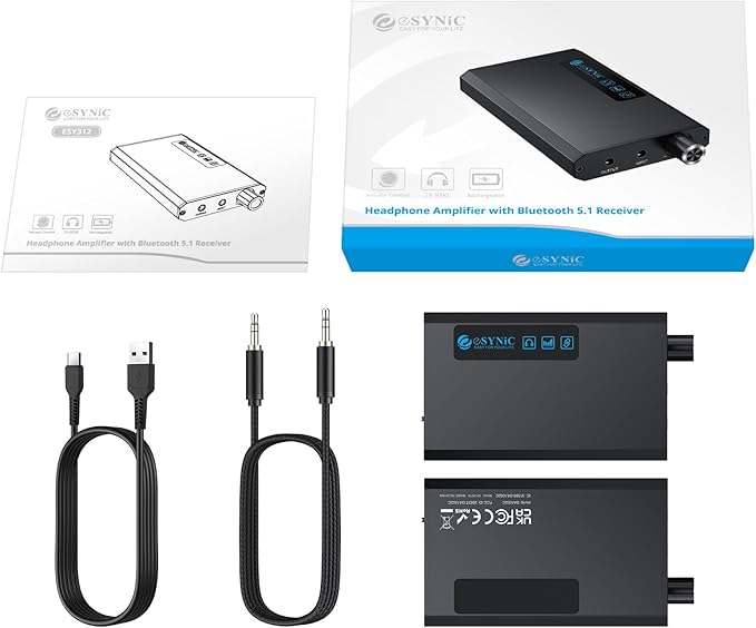 eSynic Bluetooth 5.1 Receiver Headphone Amplifier Portable-1500mAH Rechargeable 3.5MM Headphone Amp-16-300Ω-Two-Stage Gain Switch-Compact-Aluminum Matte Surface-for Phone/Car Aux/CD Players