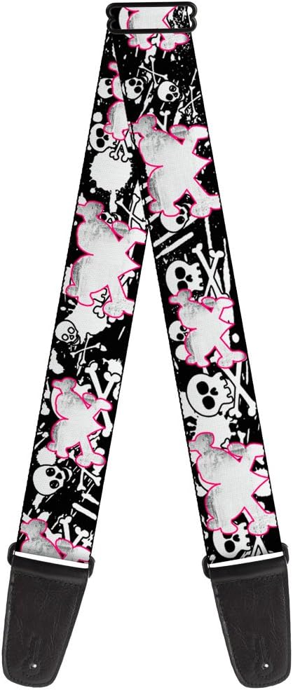 Buckle-Down Guitar Strap Heart Cross Bones Skulls Splatter Black White 2 Inches Wide (GS-W30850)